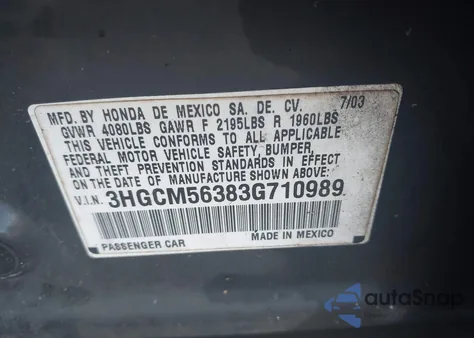 2003 Honda Accord 2.4 Lx z USA, uszkodzony, nr VIN 3HGCM56383G710989